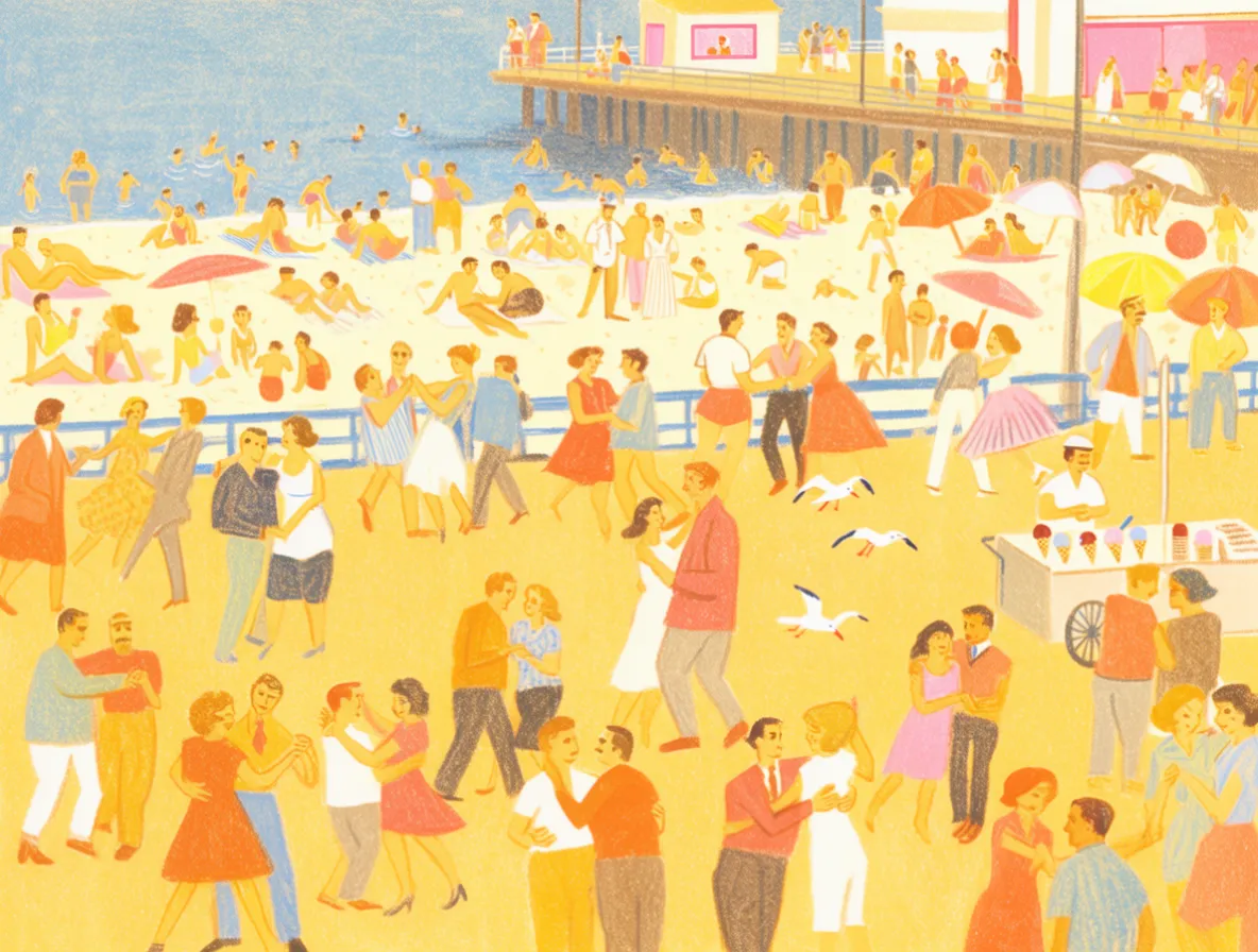 Mid-century illustrated beach crowded with dancers and swimmers