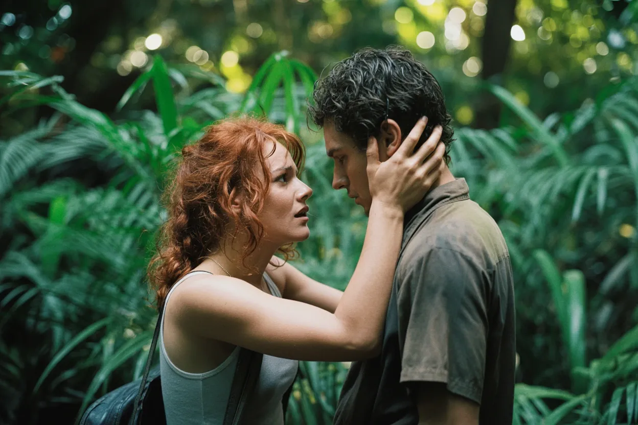 A photorealistic image of a couple in the jungle