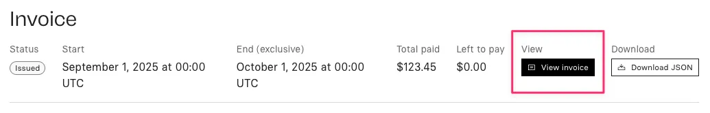 View invoice button in billing settings showing the new invoice download option
