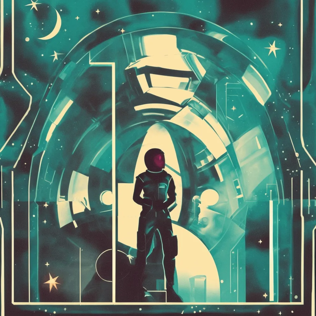 retro sci-fi 1950’s astronaut in-front of a futuristic glass city, reflection of a female shadow silhouette on glass helmet, under stars and moon, art deco, 1950’s, glowing highlights, teal palette, modern, Stable Diffusion 2.1
