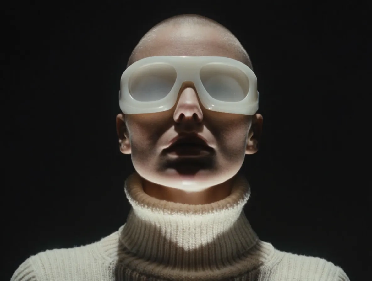 Editorial portrait of a person wearing oversized white goggles