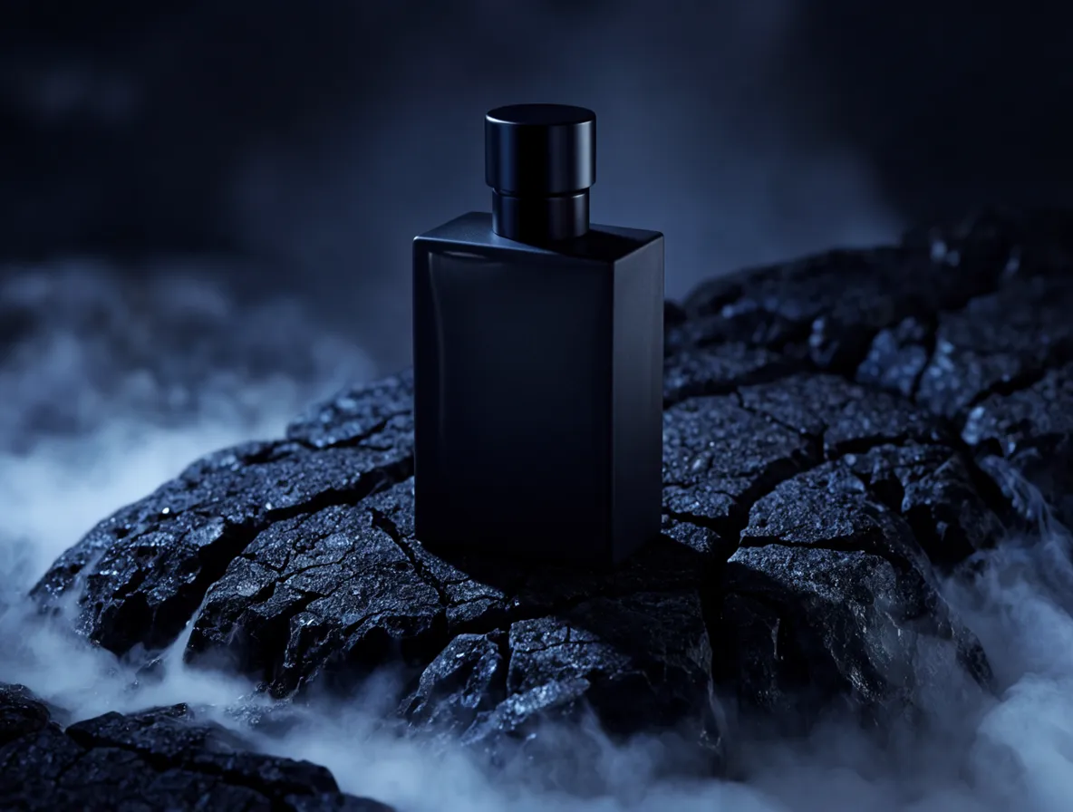Dark perfume bottle on wet black rocks with blue mist