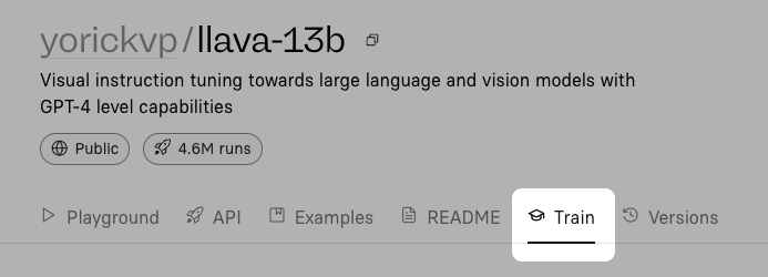 Replicate's UI with the Train tab highlighted on the llava-13b model