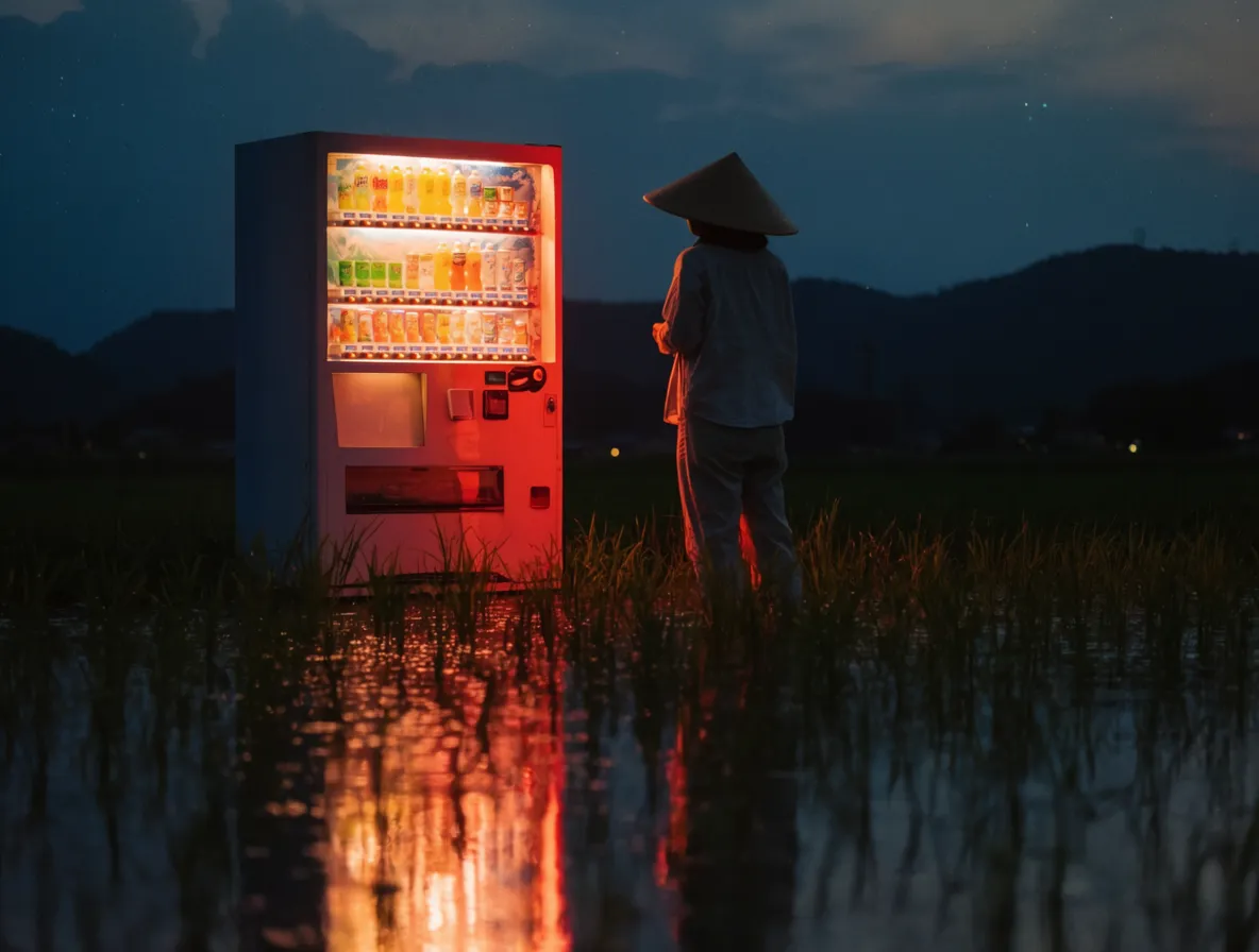 Red-lit vending machine and a traveler in a flooded field at night